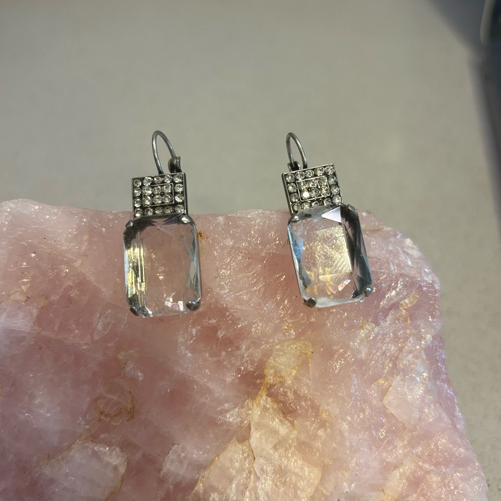 Vintage Clear Faceted Rectangle Stone Lever Back Statement Earrings